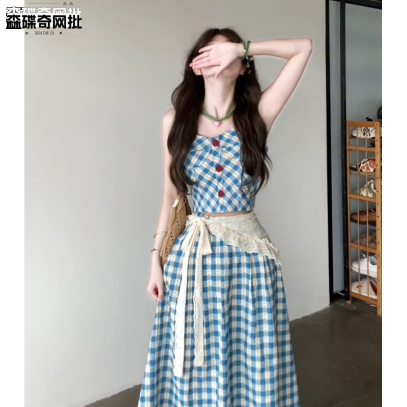 French Retro Blue Plaid Suspender Suit for Women Summer New College Style Waist Slimming Skirt Two-Piece Set