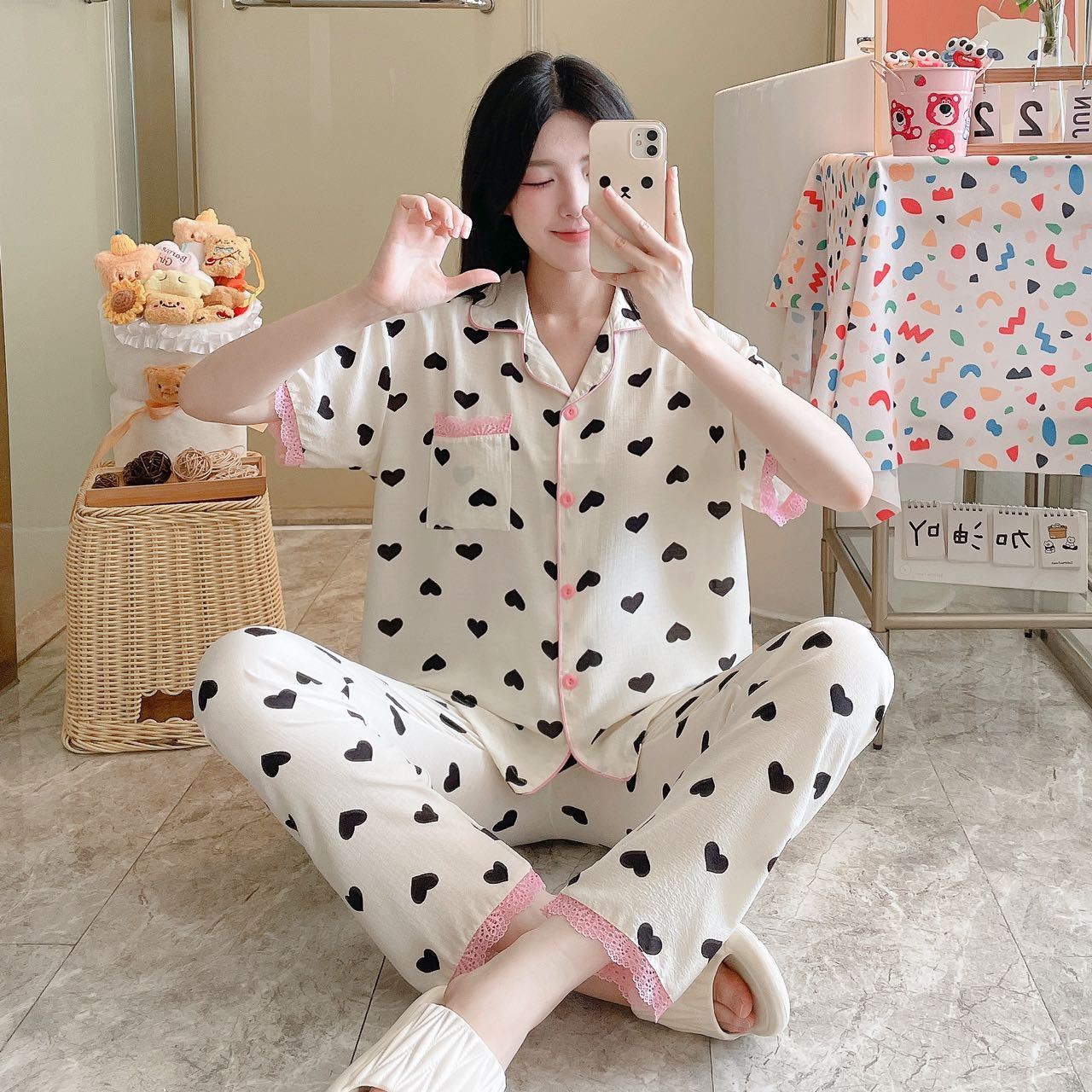 Pijamas al por mayor transfronterizos de primavera y verano espuma impresa cinta de encaje de manga corta pantalones largos de dibujos animados ropa de hogar