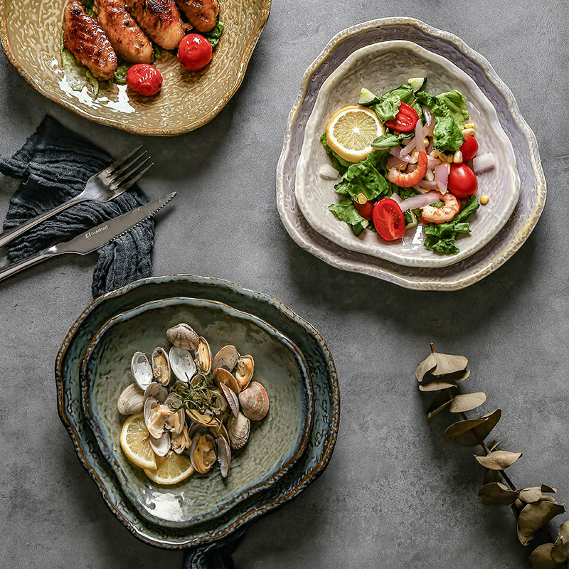 Retro Steak Western Food Soup Plate Dish Pectoral Personality Casual Triangle Special Restaurant Hotel Ceramic Kiln Tableware Retro Steak Western Food Soup Plate Dish Pectoral Personality Casual Triangle Special Restaurant Hotel Ceramic Kiln Tableware