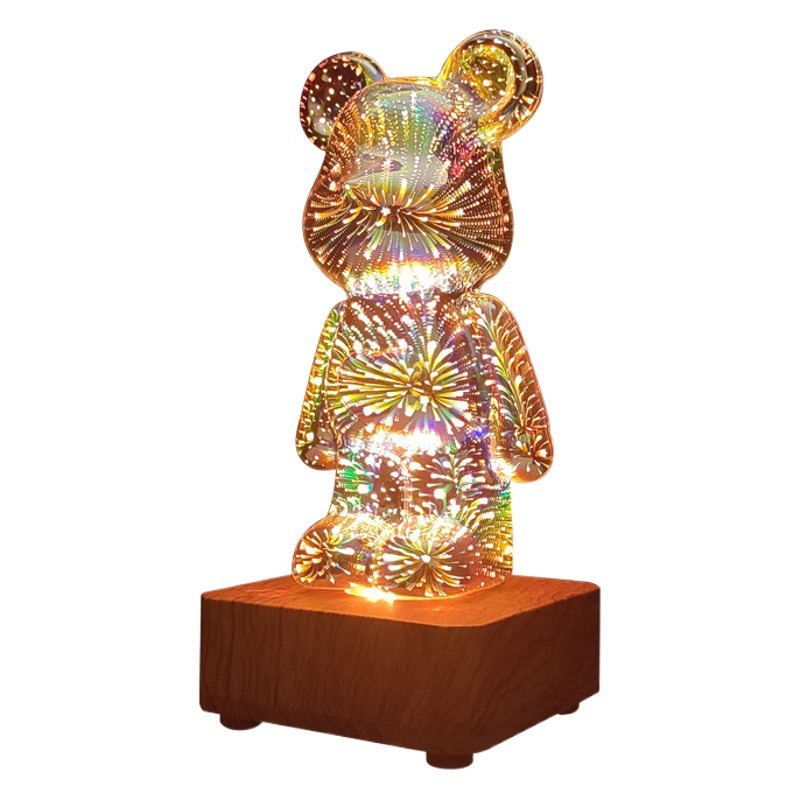 Caliente led3d vidrio 8-color fuegos artificiales lámpara de mesa romántica caliente oso noche luz USB sueño atmósfera colorida noche Luz