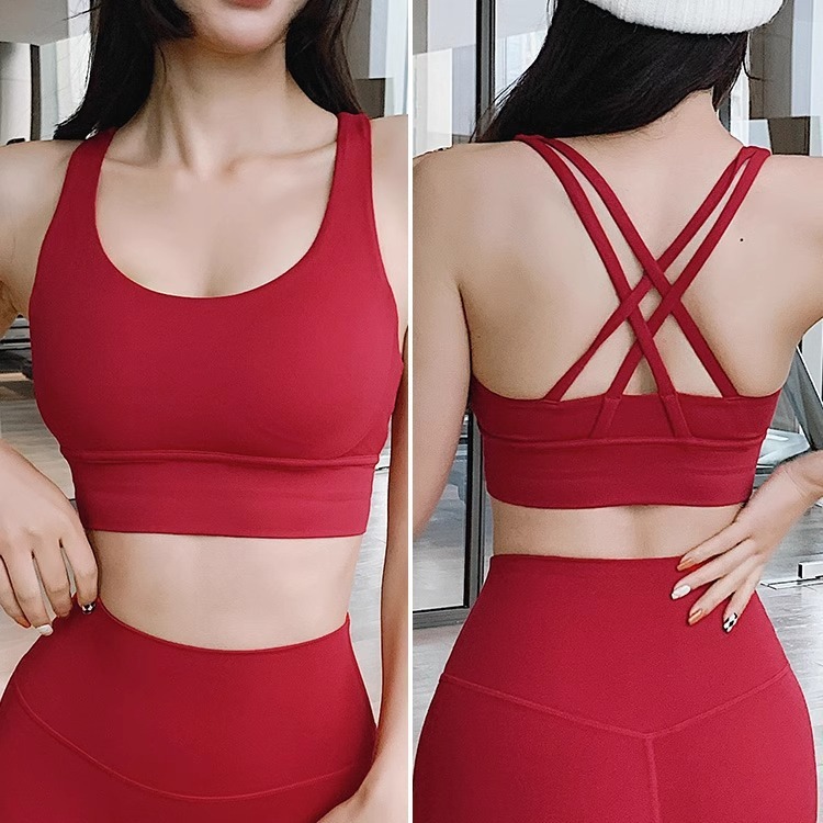 兩件套瑜伽服中國紅套裝運動美背聚攏內衣性感高腰提臀lulu瑜伽服