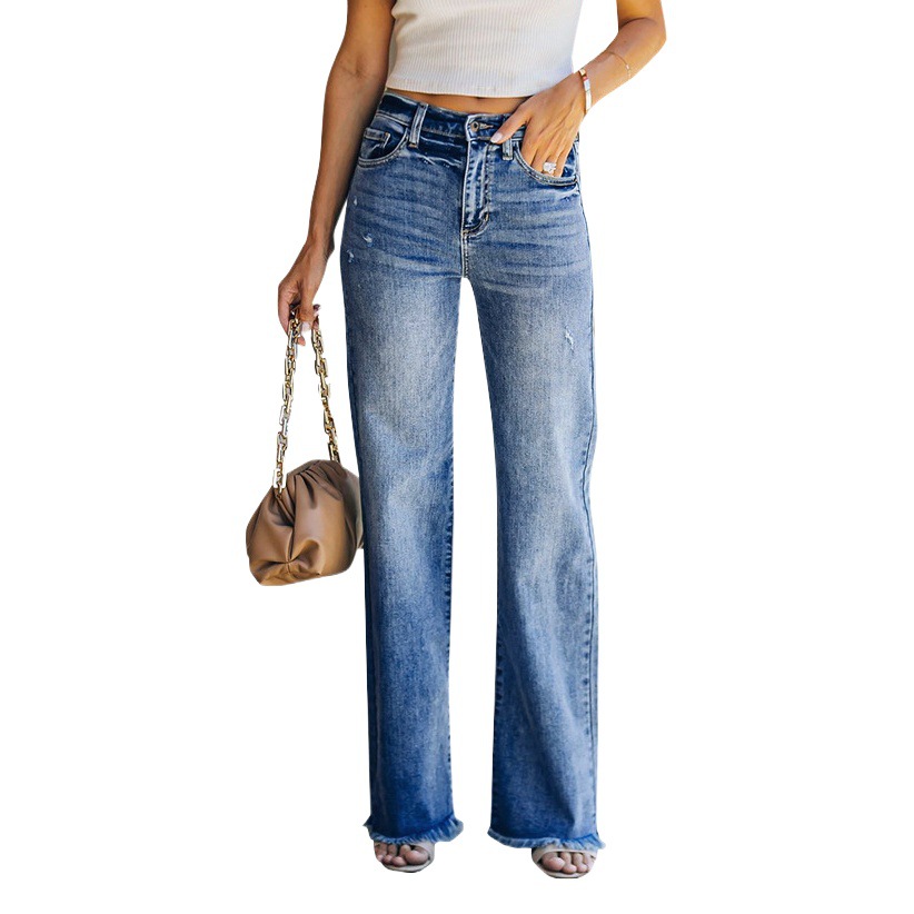 Vaqueros anchos de estilo europeo y americano para mujer, nuevos de moda primavera-otoño 2025, pantalones largos acampanados elegantes y modernos con detalles desgastados.