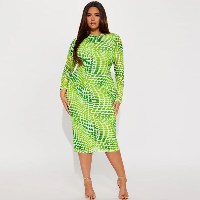 Plus size midiklänning med hög krage och lång ärm för kvinnor_voghion.com