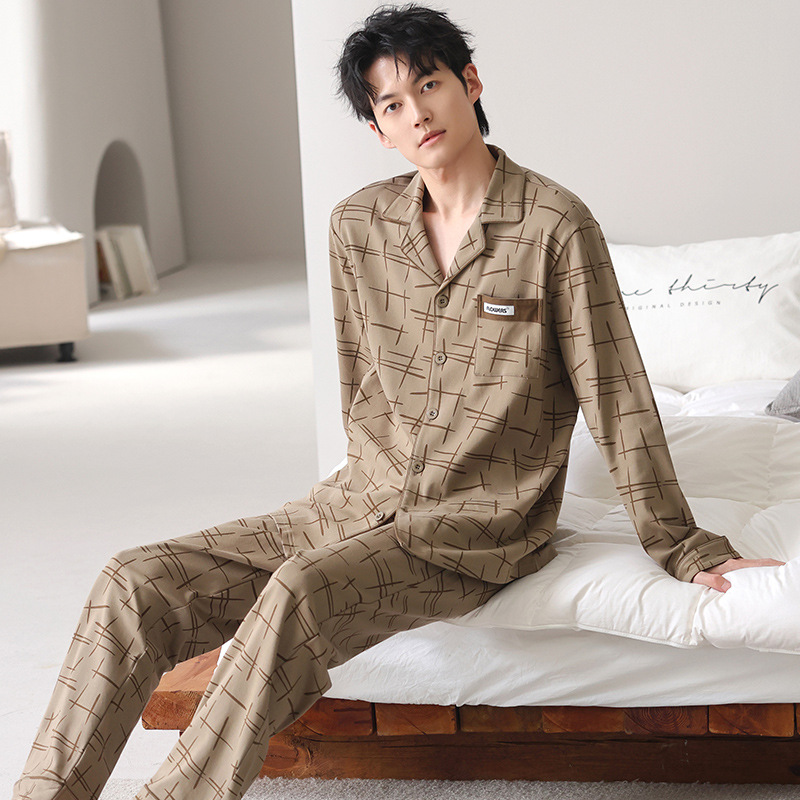 Pijama primavera y otoño cardigán de hombre 2025 nuevo algodón de manga larga se puede usar fuera de la versión suelta del conjunto de ropa para el hogar