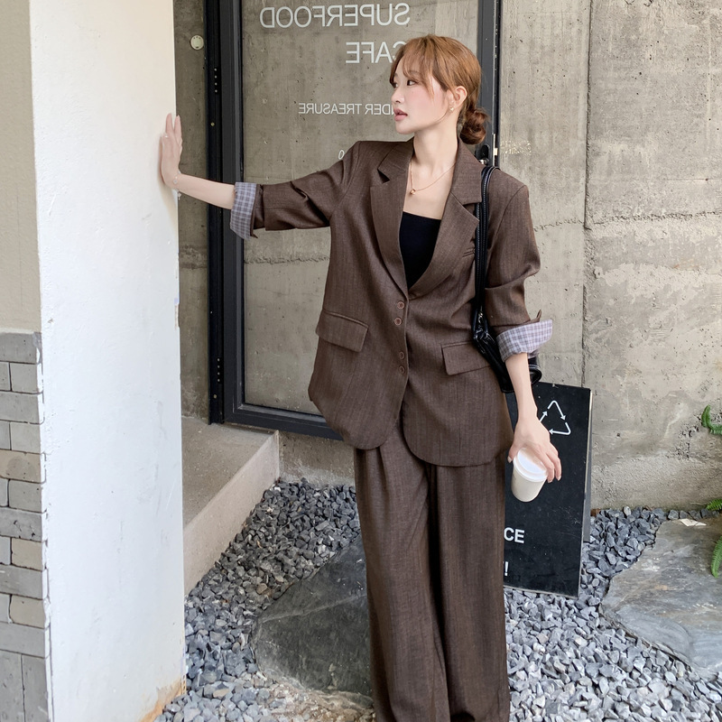 咖色高级感西装套装女2025春秋新款网红炸街阔腿裤减龄时尚两件套|undefined