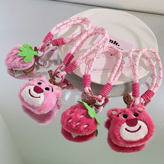 少女粉綠葉草莓手機殼掛飾手機掛繩鏈條可愛充棉草莓熊公仔短掛件