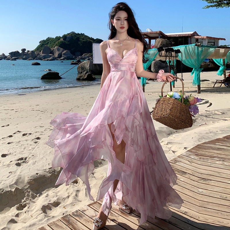 슬링 원피스 요정 대형 우아한 불규칙한 멀티 레이어 스커트 비치 원피스 생일 원피스 해변 휴가 원피스