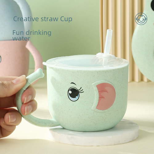 Child's Elephant Shaped Wheat Straw Cup with Lid, Straws, Creative Insulation Anti-Slip for Babies and Toddlers