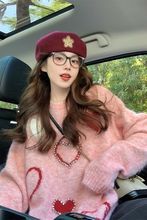 烫钻爱心中长款毛衣女大码2025秋冬款胖宽松慵懒套头打底针织衫