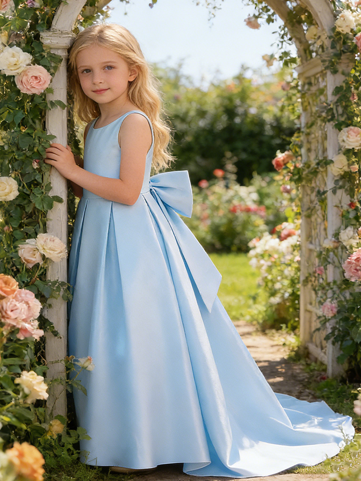 Niñas europeas y americanas trailing vestido de gran tamaño, satin, gran arco, vestido de princesa, vestido de fiesta para niños.