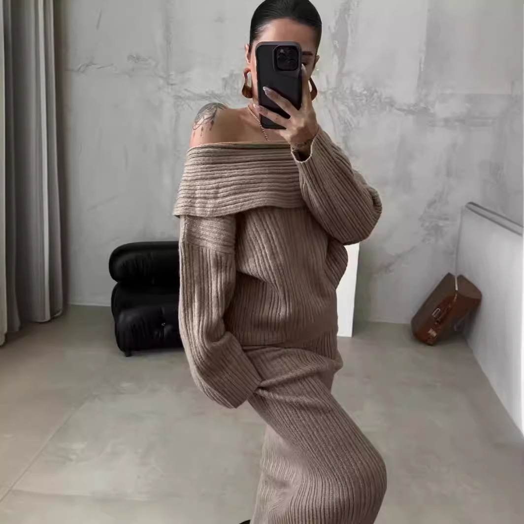 Women's Fashion Off-Shoulder Knit Sweater Two-Piece Set Long Sleeve Loose Fit Solid Color Casual Outfit_voghion.com