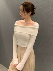 法式一字肩別致長袖內搭衫女秋冬季設計感荷葉邊露肩修身顯瘦上衣