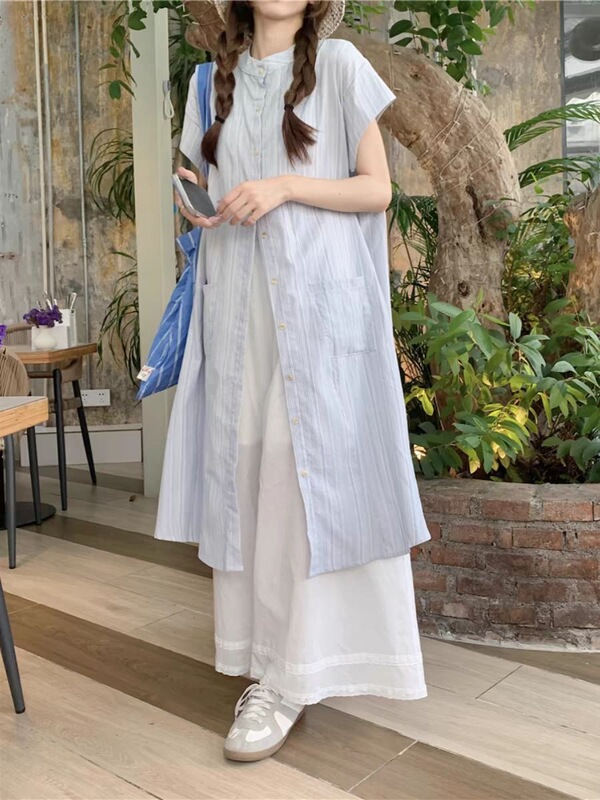 Plus-Size Japanese-Style Sweet Layered Outfit for Women, New Summer Striped Shirt Dress and Wide-Leg Pants Skirt Two-Piece Set