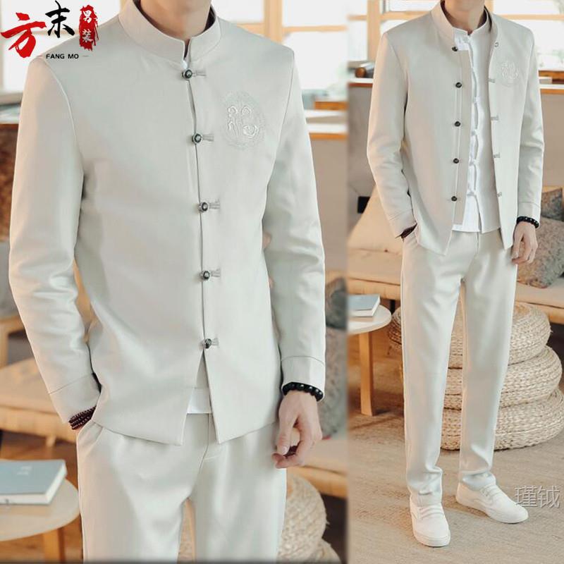 Men's Suit Set with Chinese-Style Embroidery, Slim-Fit Stand-Collar Zhongshan Jacket, Casual Two-Piece Suit for Young Men Men's Suit Set with Chinese-Style Embroidery, Slim-Fit Stand-Collar Zhongshan Jacket, Casual Two-Piece Suit for Young Men