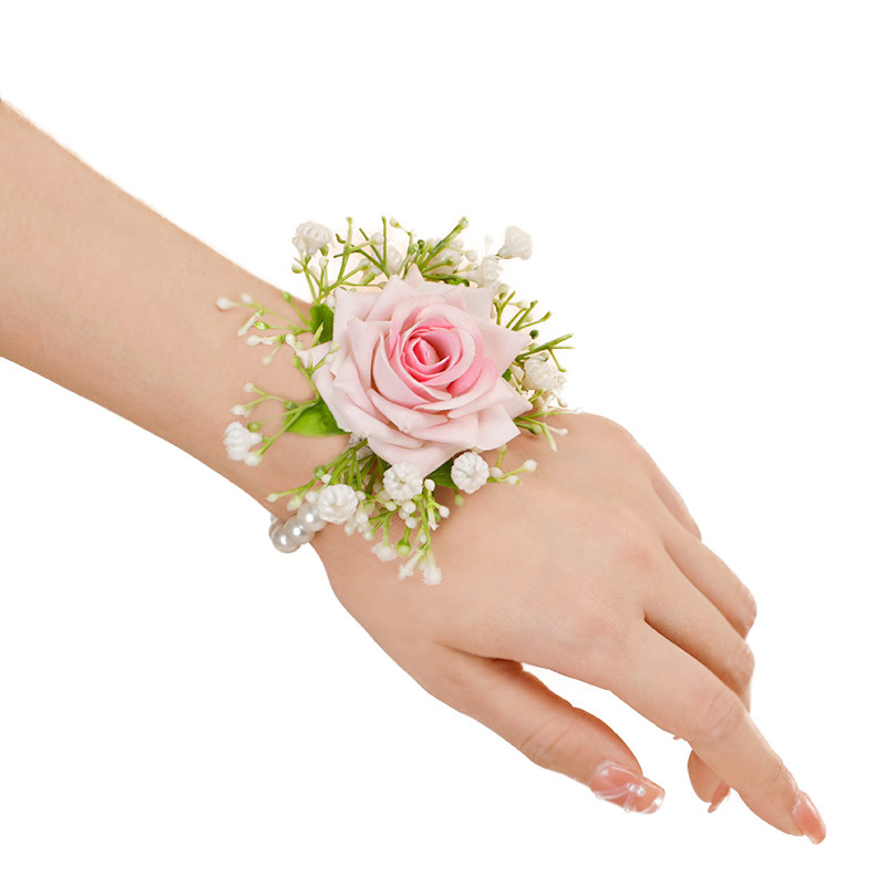 Wedding Rose Wrist Flower Corsage Bridesmaid Silk Flower Bracelet Party Ball Girl Wrist Flower Pearl Bracelet