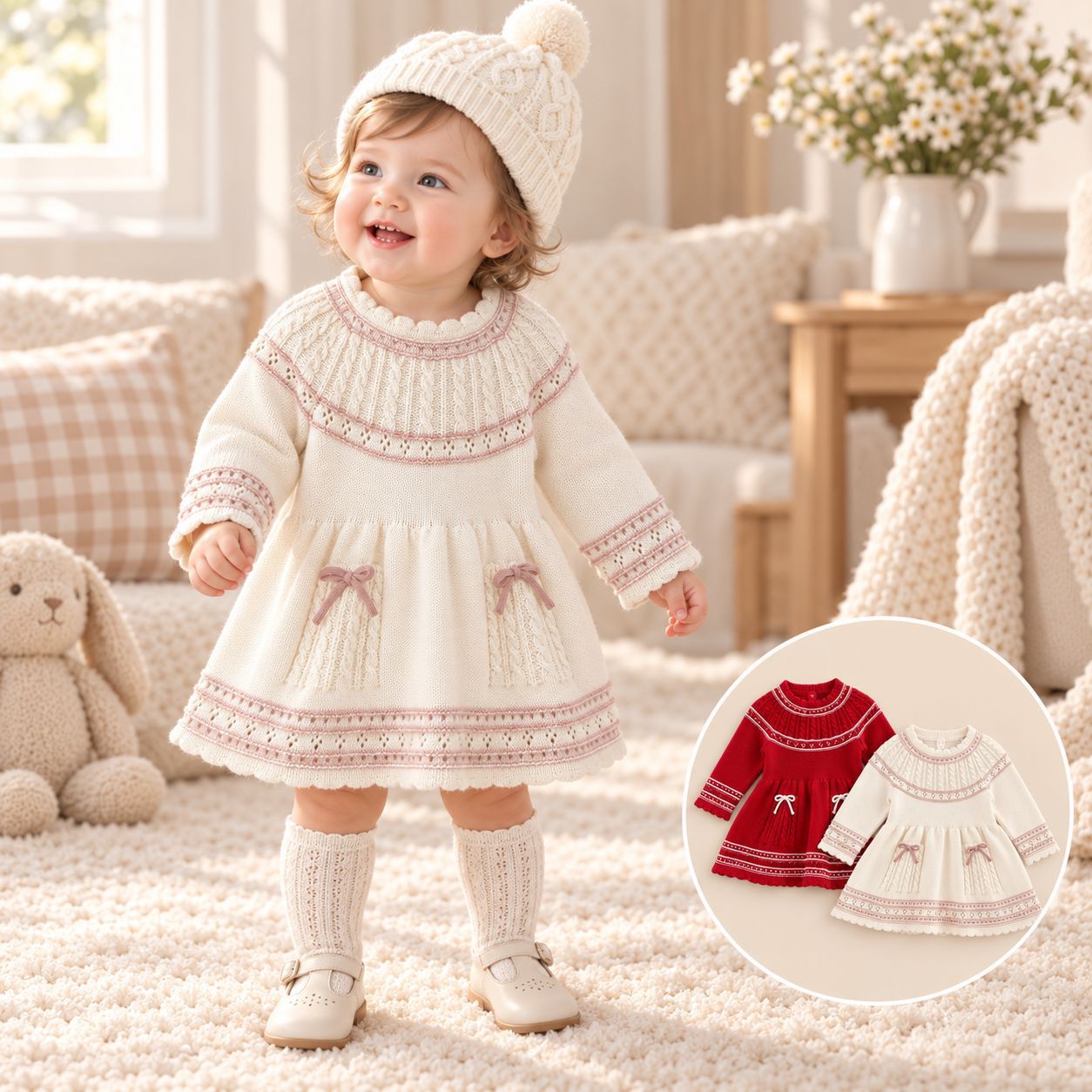 Girls' 100% Cotton Knitted Long-Sleeved Princess Dress, Sweet Lace and Bow Trim Dress for Spring and Autumn, Perfect for Outings