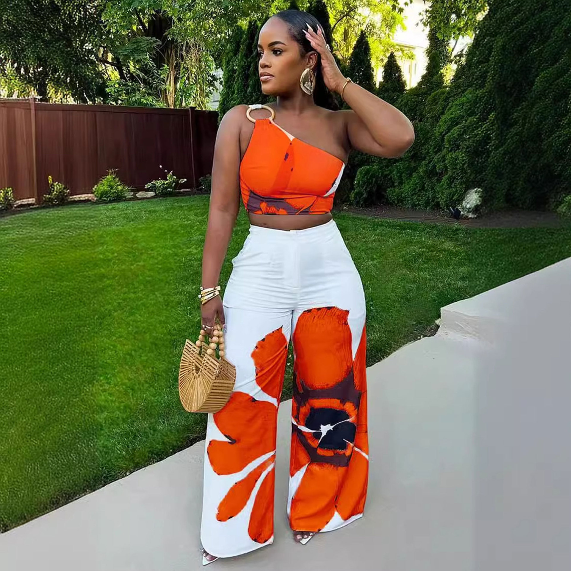 Women's Clothing printed one shoulder slim fit wide leg pants two piece set_voghion.com