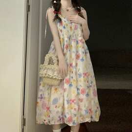 26法式褶皱碎花吊带连衣裙套装女夏季薄款防晒开衫清新可爱花苞裙