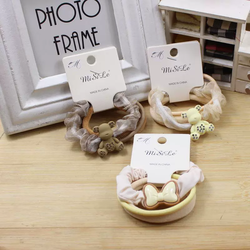 新款奶咖色小熊发圈高弹力1卡2条头绳女扎头发皮筋两元店发圈批发