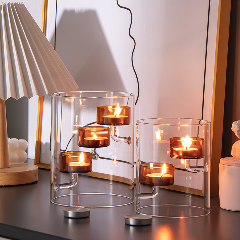 Cilindro de estilo europeo huracán vidrio candelabro marrón candelabro a prueba de viento decoración creativa del hogar luz de las velas regalo de la cena