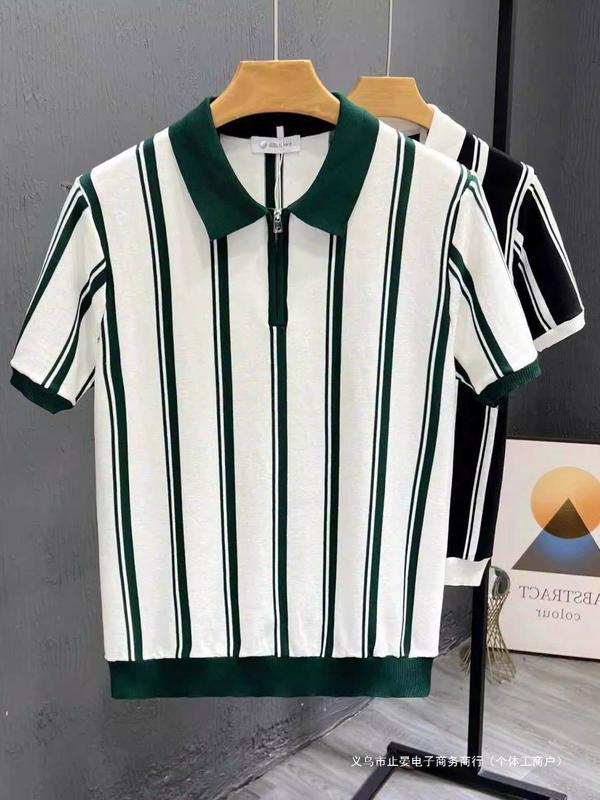 ヨーロッパの高級半袖ストライプコントラストカラーTシャツメンズ夏のファッションスリムニットセーターラペルハンサムトップ1/2枚|undefined