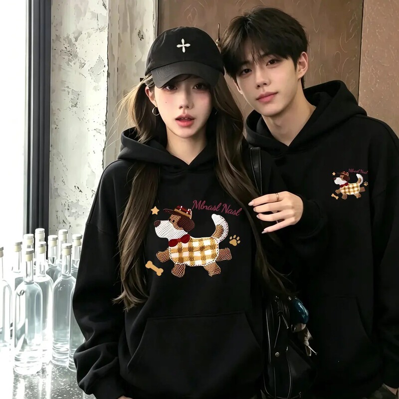 Super fun plaid cute puppy print 2026 new couple's outfit, one male and one female, versatile hooded sweatshirt for autumn Super fun plaid cute puppy print 2026 new couple's outfit, one male and one female, versatile hooded sweatshirt for autumn