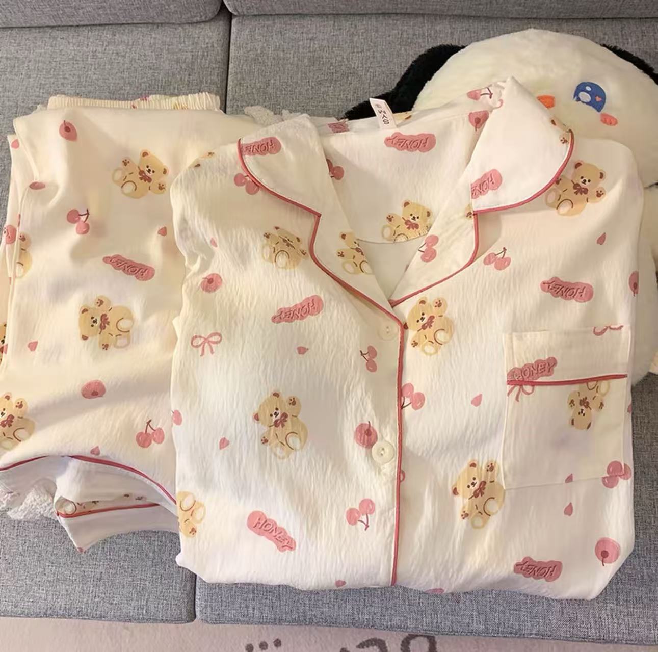 Venta al por mayor transfronteriza de algodón de nube pijamas de cachorro rizado simple japonés pantalones de manga larga de primavera y otoño para mujer