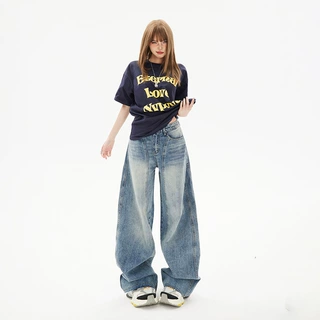 美式复古弯刀阔腿牛仔裤女2025新款高腰显瘦垂感拖地宽松裤子春秋