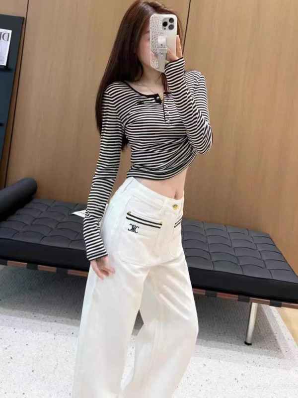 南油凯旋门刺绣双口袋白色牛仔裤女春秋新款设计感显瘦高腰阔腿裤|undefined