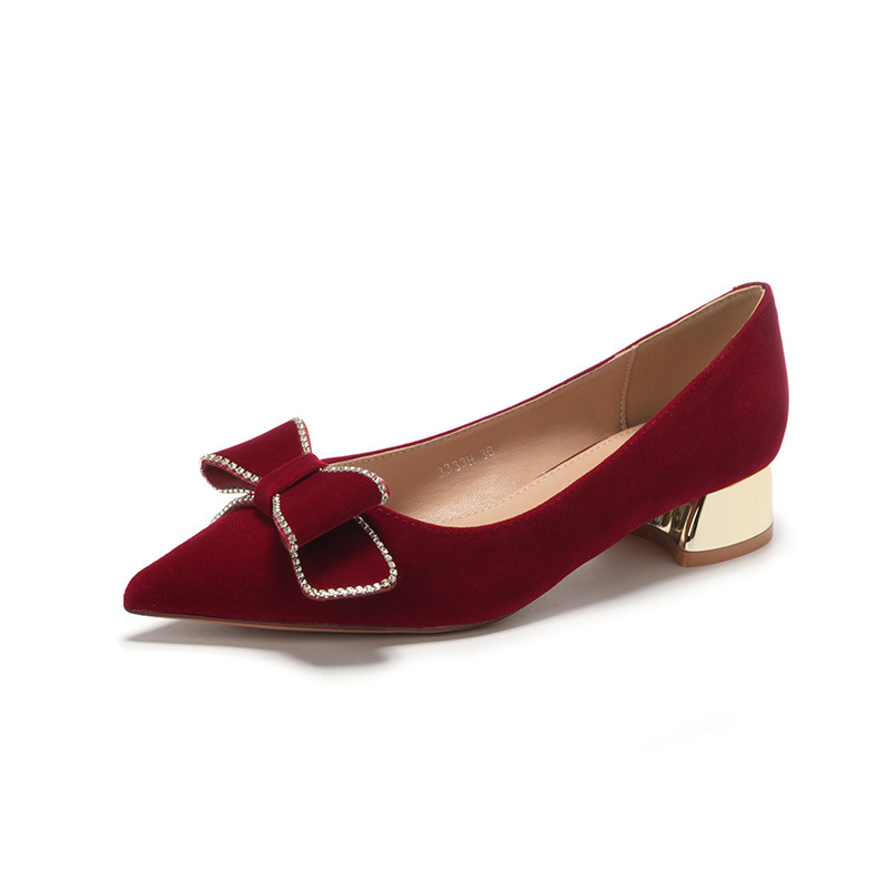 3333H-058 Low Heel Pointed Toe Suede Bow Festive Wedding Party Shoes Comfortable Red High Heels_voghion.com