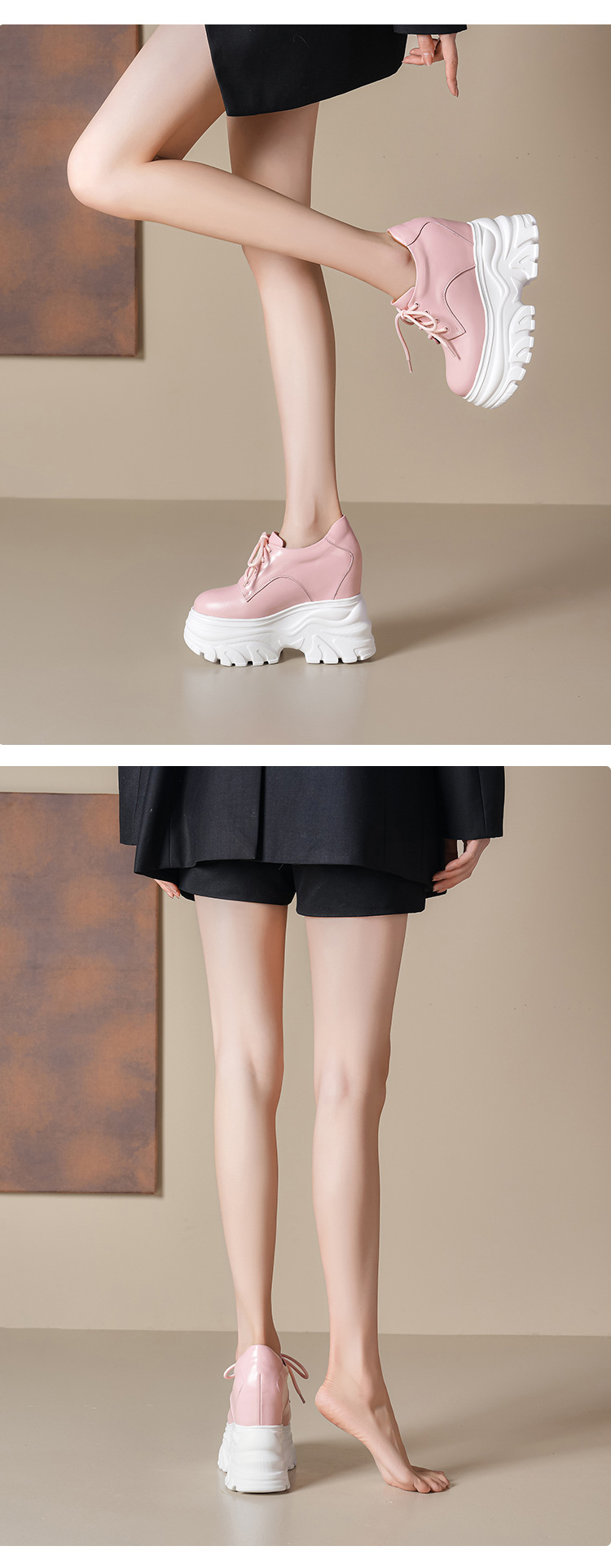 Giày sneaker nữ đế dày tăng chiều cao 12cm dây buộc da thật — Màu đen chi tiết 4