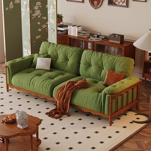 French Mid-Century Style Solid Wood Oil Wax Leather Living Room Light Luxury Straight Row Large and Small Villa Simple Retro Light Luxury Sofa