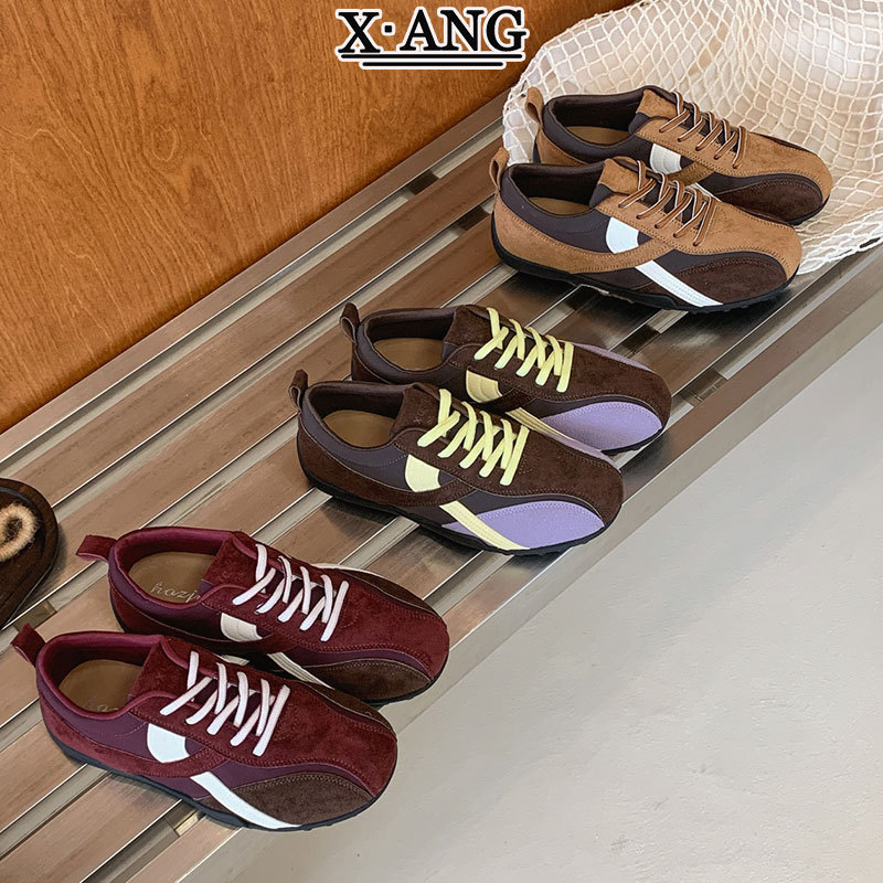 Leather color-blocked ballet lace-up German training shoes for women, 2026 new model, versatile casual sports shoes