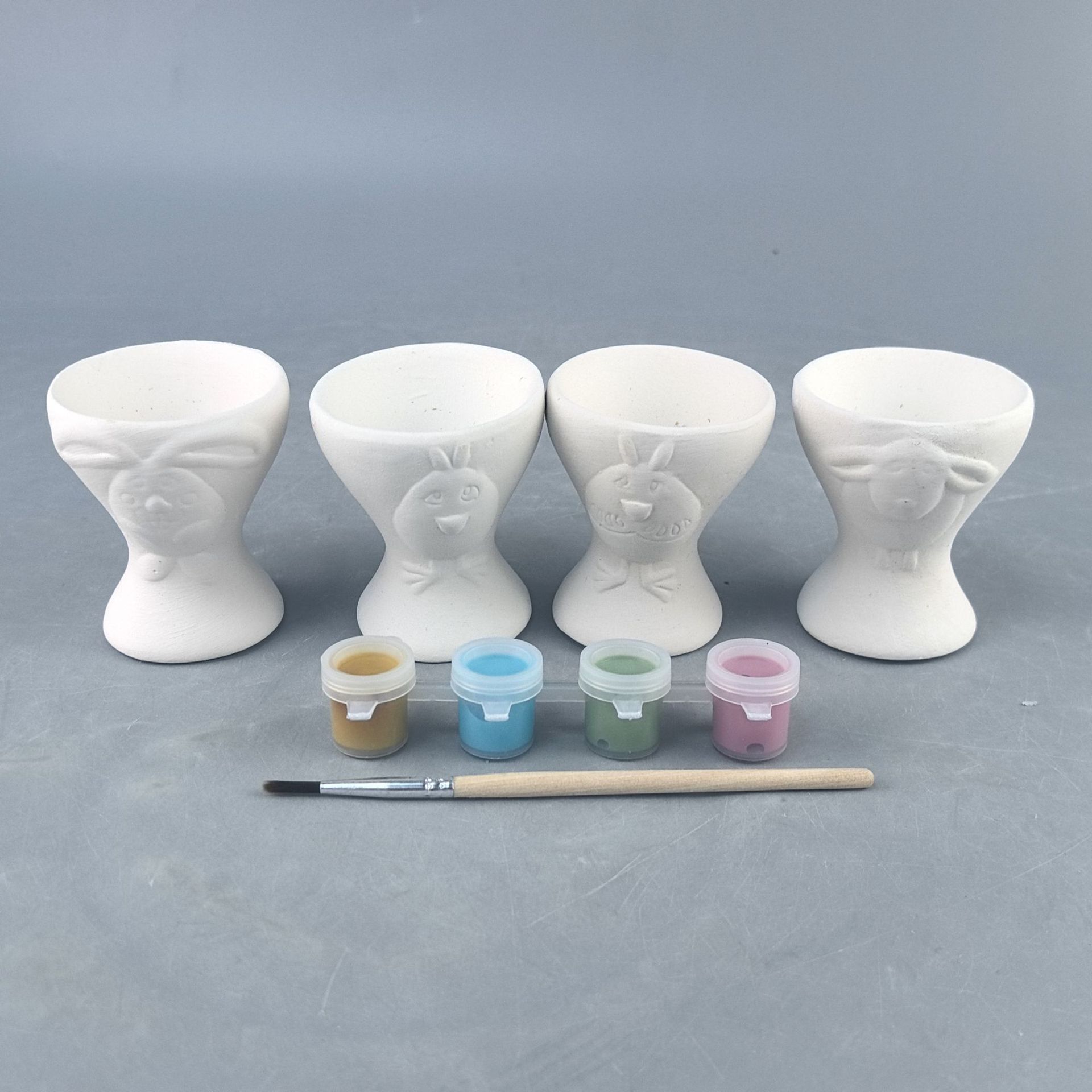 Conjunto de Pascua 4 taza de huevo de cerámica para colorear juguete blanco en blanco DIY rompecabezas de acrílico para colorear graffiti bandeja de huevo