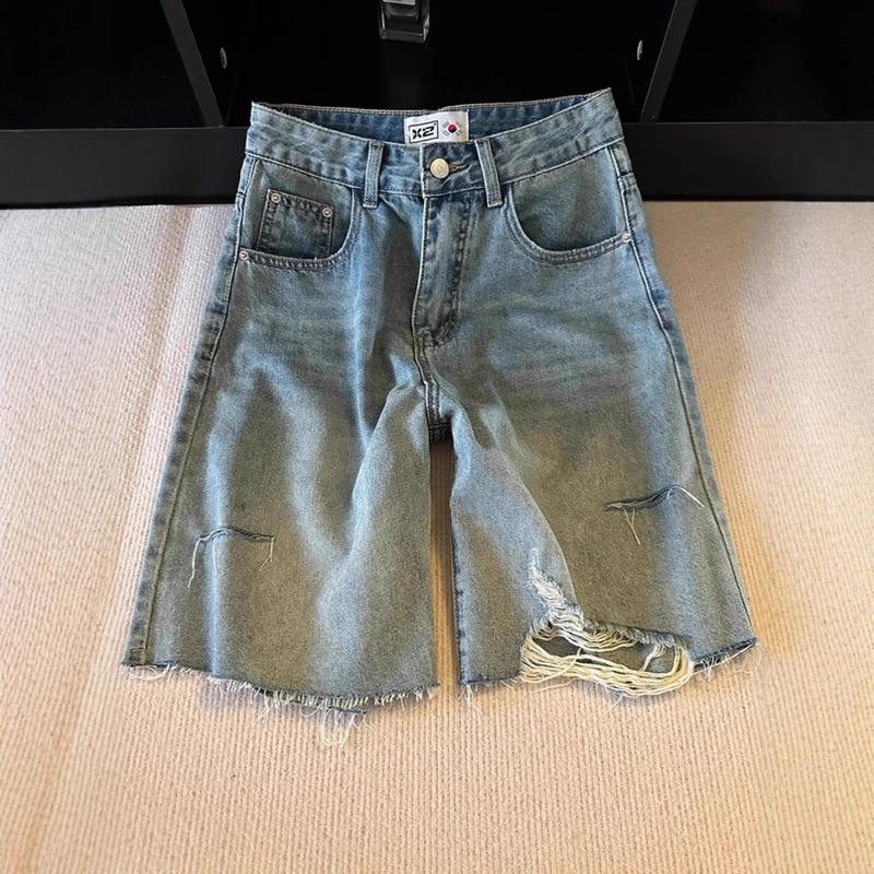 American Retro Blue Ripped Denim Shorts for Women Summer 2025 New Wide-Leg High-Waisted Straight Mid-Length Pants American Retro Blue Ripped Denim Shorts for Women Summer 2025 New Wide-Leg High-Waisted Straight Mid-Length Pants