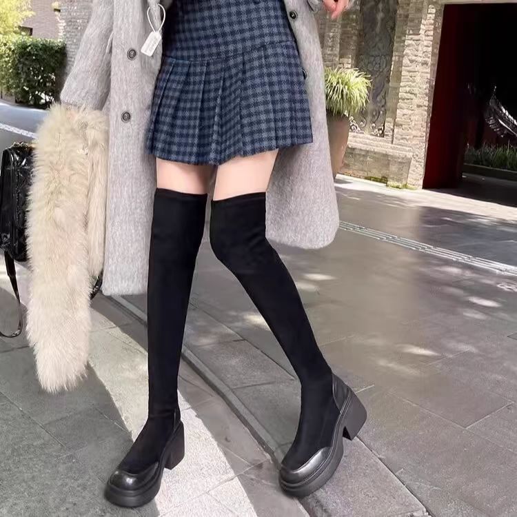 Extended Over-The-Knee Elastic Boots with Suede Sleeves, Single Boots, 2025 New Autumn and Winter European and American Slim-Leg Over-The-Knee Boots for Women with High Heels