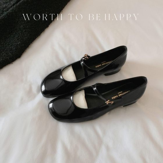 Su Yinyin Same-style Cowhide South Korea Niche High-end Patent Leather Buckle Belt Thick Heel Mary Jane Women's All-match Single-layer Shoes