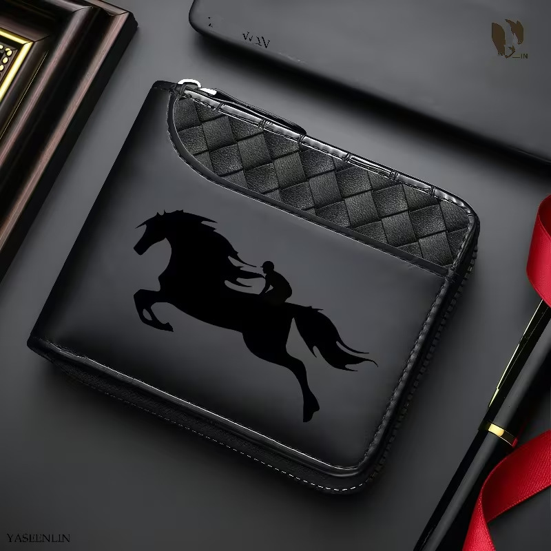 Men's Short Wallet PU Leather Zipper Style Horse Pattern Multi-Card Slot Wallet Black Fashionable Men's Wallet