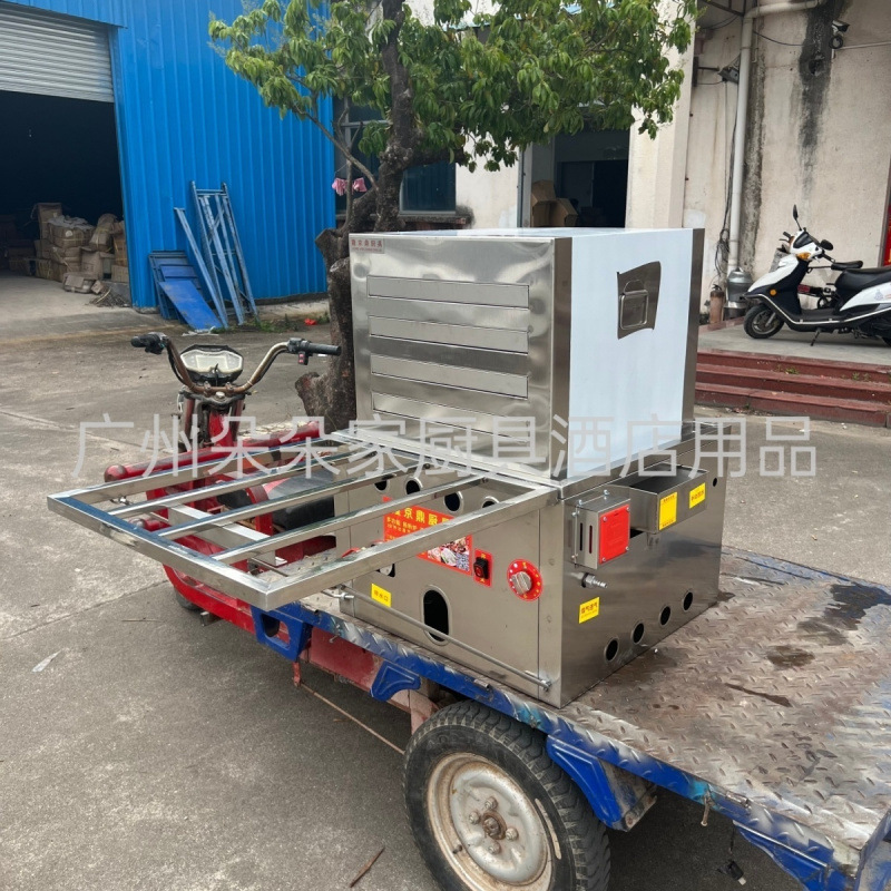 Longjingding modelo de coche de tres ruedas máquina de salchichas de gas vapor comercial multifuncional horno de salchichas de vapor de desayuno cabina completa