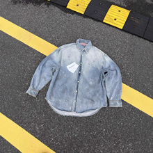 柔软舒适AC新泼墨抹脏水洗做旧牛仔长袖衬衫情侣宽松外套春秋