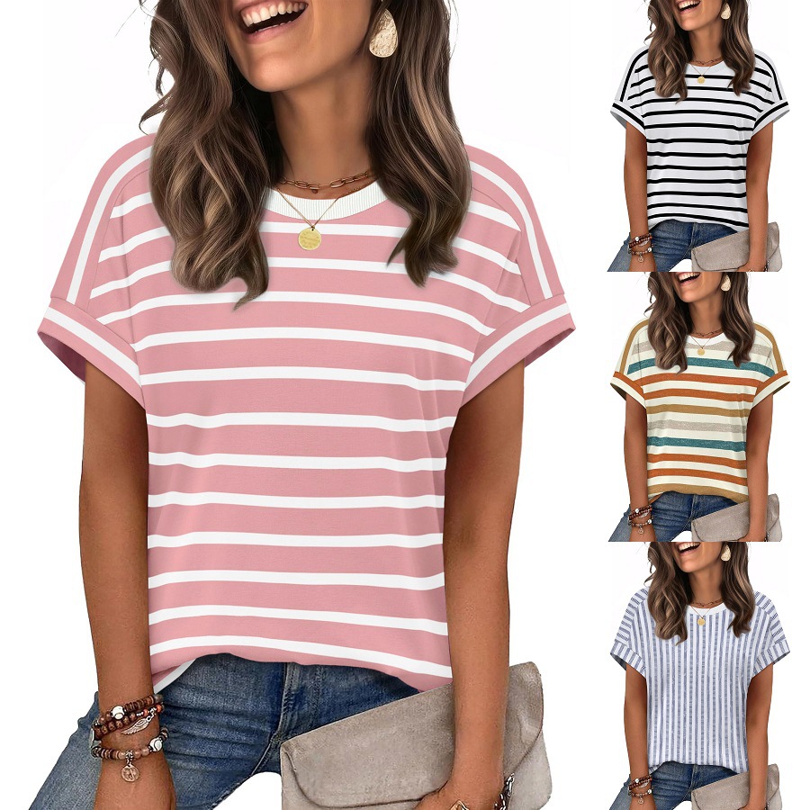 Summer New Women's Round Neck Casual Striped T-Shirt Short Sleeve Top American Style_ecoleips.com