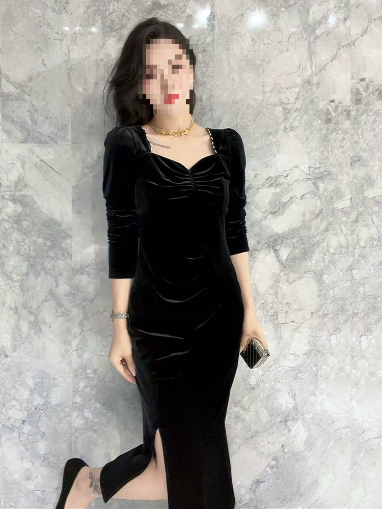 欧洲站秋装新款感显瘦丝绒中长款开叉包臀连衣裙女小黑裙
