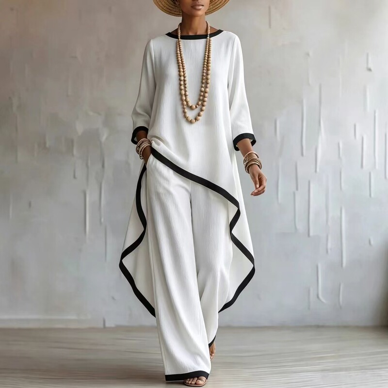 European and American cross-border foreign trade 2026 new style irregular design long-sleeve blouse and wide-leg pants two-piece loose suit for women European and American cross-border foreign trade 2026 new style irregular design long-sleeve blouse and wide-leg pants two-piece loose suit for women