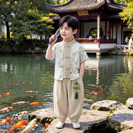 男童汉服夏季短袖套装2026年新款儿童装国风衬衫盘扣唐装两件套潮