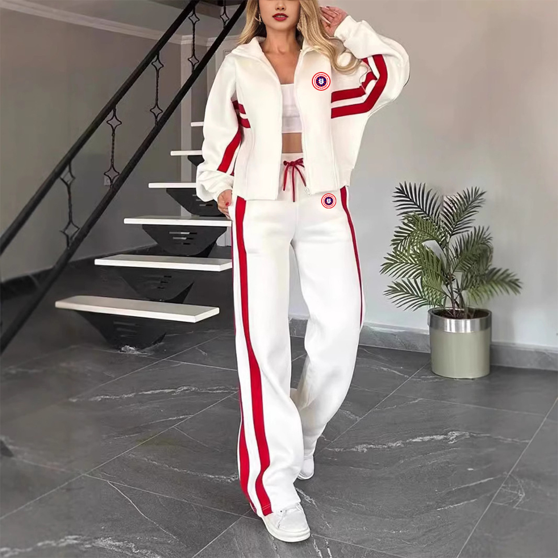 Women's Us Map Print Matching Set Colour-block Sweatshirt Joggers_voghion.com