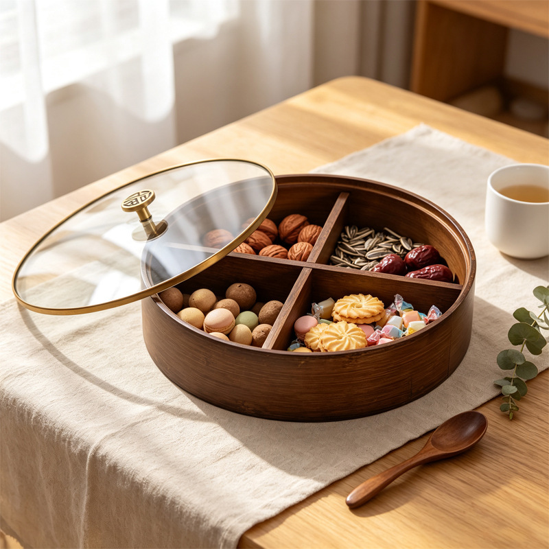 Cuatro placas de fruta seca de madera sólida retro con cubierta de vidrio de borde dorado mesa de té doméstica nueces dulces caja de frutas dividida