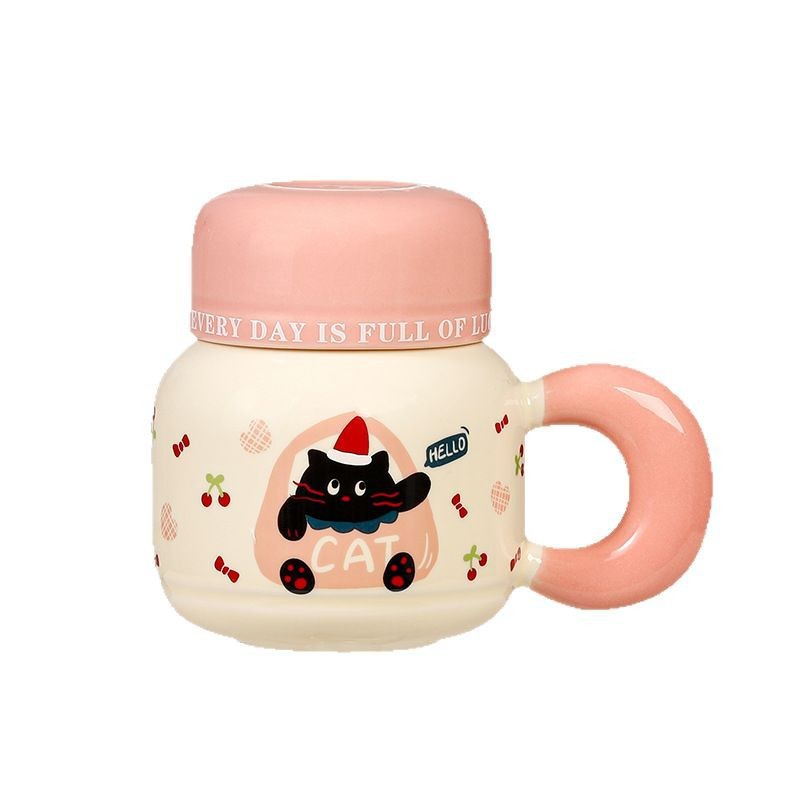 Caricatura encantadora taza de cerámica con cubierta de taza de leche de oficina de gran capacidad de taza de pareja creativa