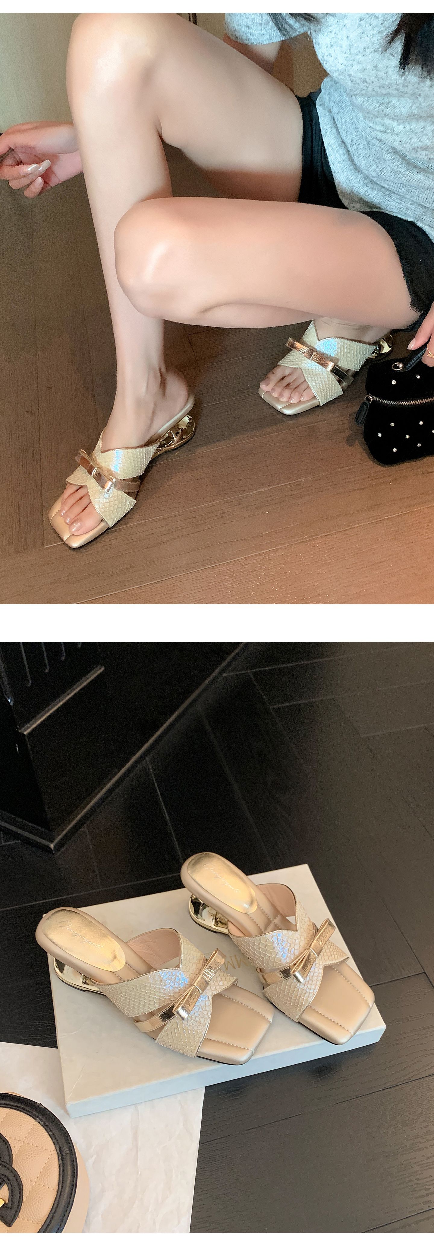 Sandal cao gót nữ mũi vuông hở ngón, quai ngang nơ bướm, đế xuồng êm chân — màu vàng, bạc chi tiết 13