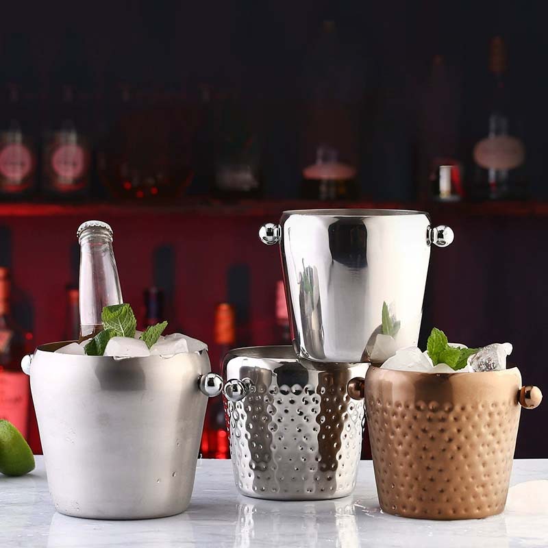 Cubo de hielo portátil de acero inoxidable con doble asa para enfriar cerveza, cubitos de hielo, vino de bar, champán, pollo frito y aperitivos.