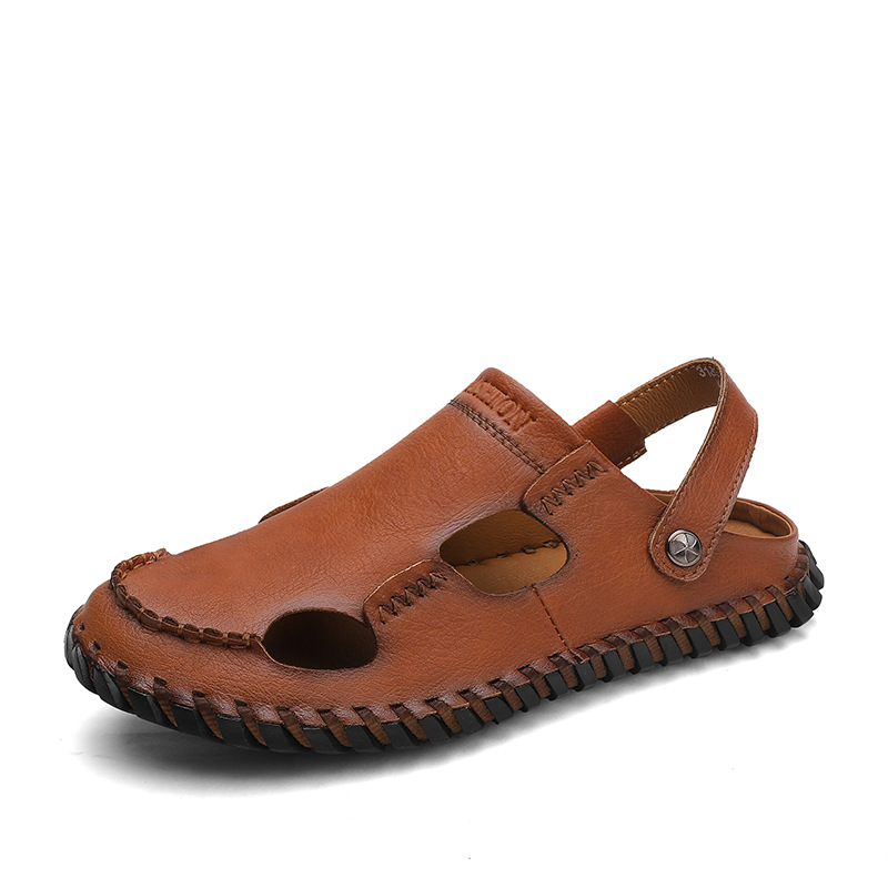 Sandalias transfronterizas más tamaño sandalias de los hombres verano nuevo al aire libre suave inferior casual estilo cerrado toe zapatos de piel de vaca de los hombres para la entrega